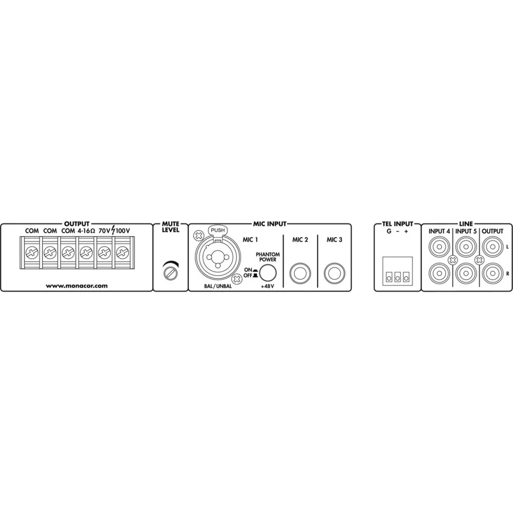 PA-312 -AMPLI MIXEUR PA 120WRMS 4 entrees symetriques Mic / Ligne / Mic 1 avec commutation prioritaire et talkover auto