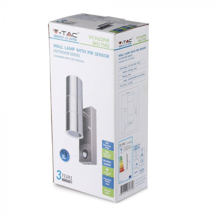 V-TAC VT-7622PIR Paroi Fitting avec PIR capteur 2xGU10 Corps en acier 2 Direction IP44 