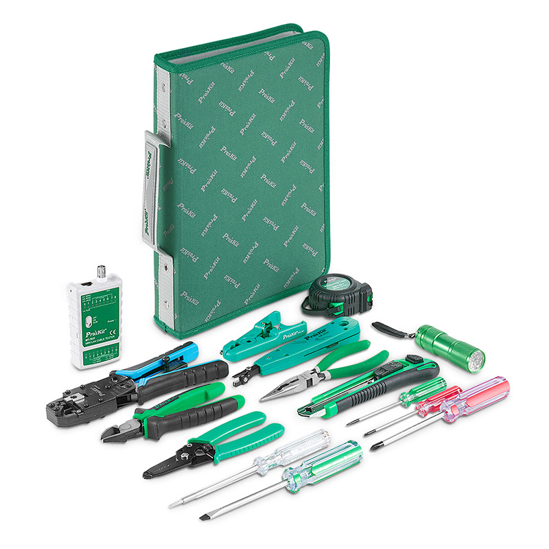 PROSKIT  PK-4013 Kit d'Outils d'Installation Réseau 15-en-1 avec Testeur de Câble, Pince à Sertir, Dénudeur de Fil dans un Etui de Transport