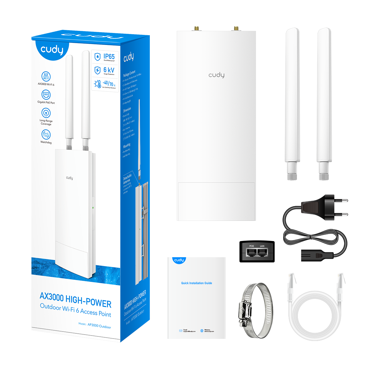 Cudy AP3000 Outdoor Point d'accès extérieur WiFi 6 2,5G haute puissance AX3000