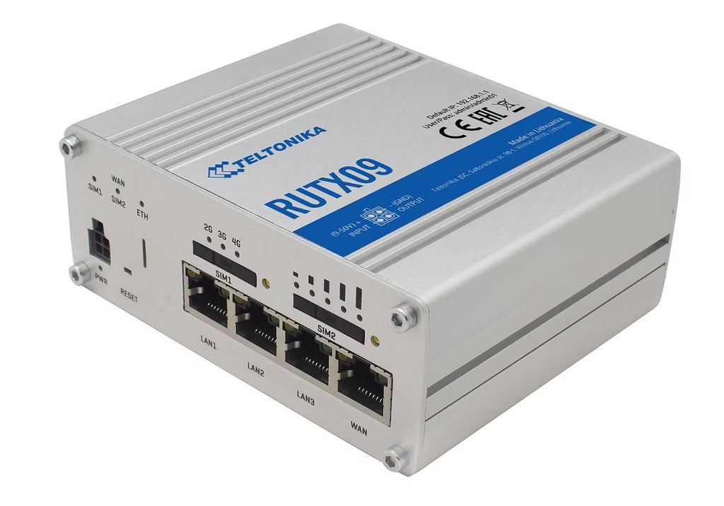 Teltonika RUTX09 LTE/4G Routeur industriel, Dual-SIM, 4 x RJ45, 2 x SMA for LTE, 1 x SMA for GNNS, USB, IP30, 456 g
