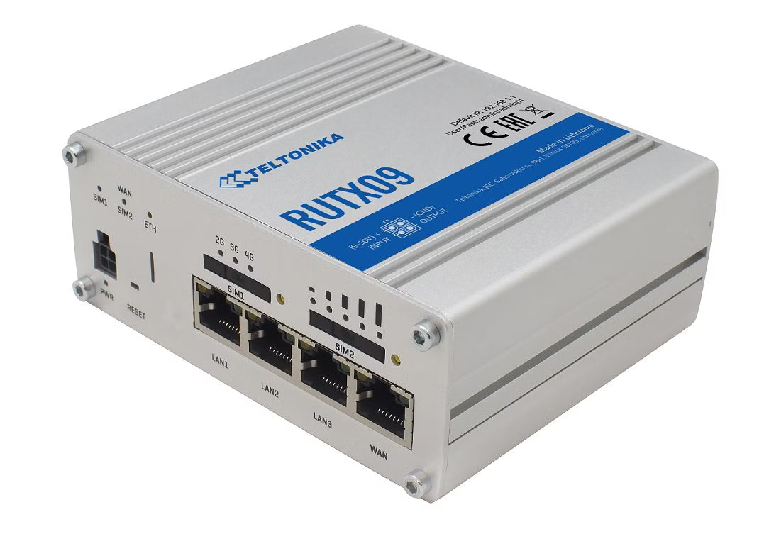 Teltonika RUTX09 LTE/4G Routeur industriel, Dual-SIM, 4 x RJ45, 2 x SMA for LTE, 1 x SMA for GNNS, USB, IP30, 456 g
